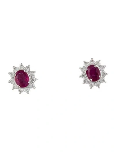 Pre-owned Earrings Platinum Ruby & Diamond Halo Stud  In Multi