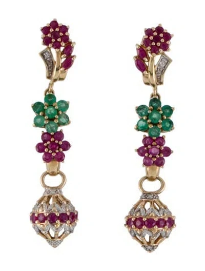 Pre-owned Earrings Ruby, Emerald & Diamond Drop  In Multi