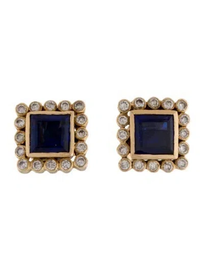Pre-owned Earrings Synthetic Sapphire & Diamond Stud  In Multi