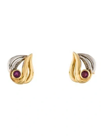 Pre-owned Earrings Two-tone 14k Ruby & Diamond Fire Stud  In Multi