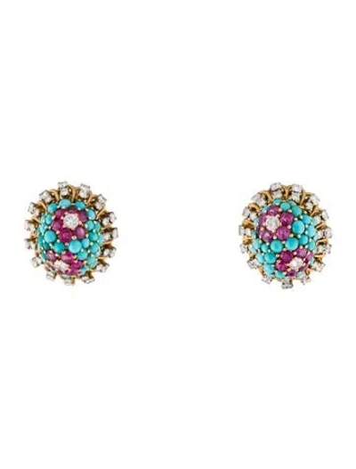 Pre-owned Earrings Vintage 14k 3.08ctw Diamond, Ruby & Turquoise Clip-on  In Multi
