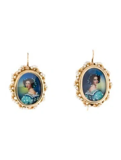 Pre-owned Earrings Vintage 14k Pearl & Portrait Drop  In Multi