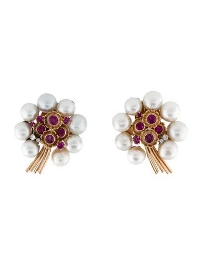 Pre-owned Earrings Vintage 14k Pearl, Ruby & Diamond Mismatched Flower Clip-on  In Multi