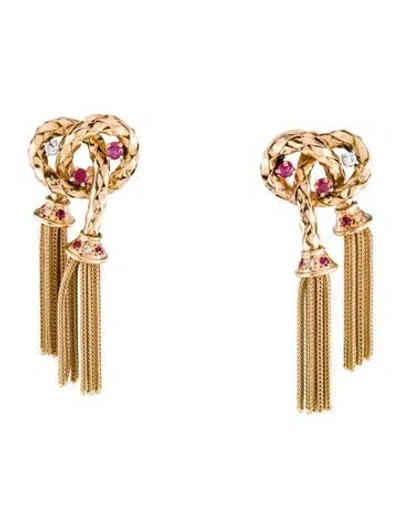 Pre-owned Earrings Vintage 18k Ruby & Diamond Tassel Earclip  In Multi