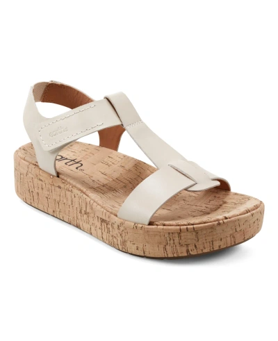 Earth Women's Shari T-strap Platform Casual Wedge Sandals In Cream Leather