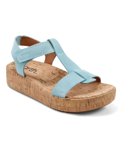 Earth Women's Shari T-strap Platform Casual Wedge Sandals In Light Blue Suede