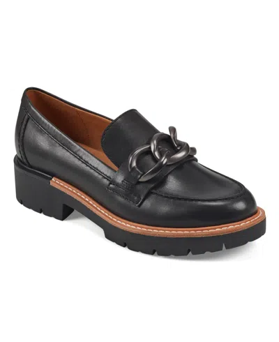 Earth Women's Zalor Round Toe Lug Sole Casual Slip-on Loafers In Black Leather