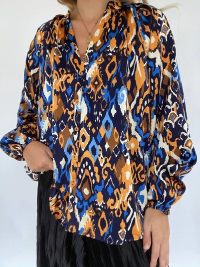 Easel Abstract Button Down Blouse In Blue Multi