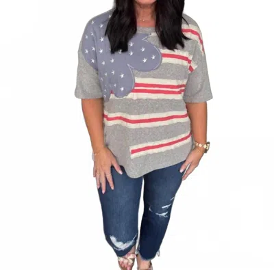 Easel Americana Flag Crew Neck Top In Heather Grey In Gray