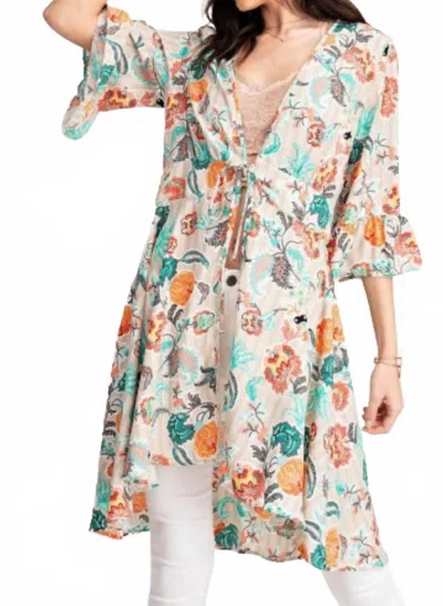 Easel Bell Sleeve Hi-low Peplum Tie Front Top Kimono In Multicolor