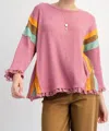 Easel Block Rib Knit Top With Lace Bottom Hem In Lipstick Pink In Multi