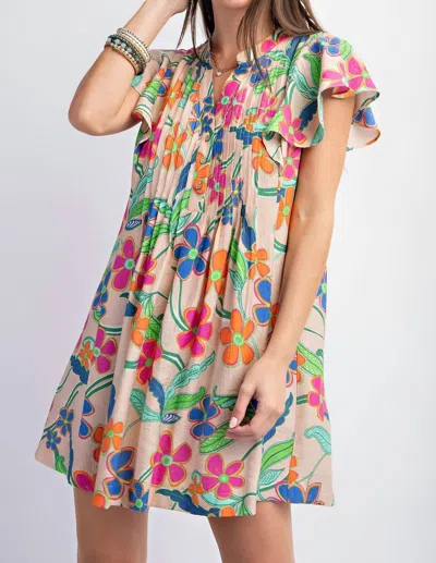 Easel Blossom Ruffle Sleeve Short Dress In Natural In Multi