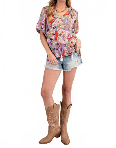 Easel Bohemian Paisley Print Tassel Front Top In Blush Red In Multi