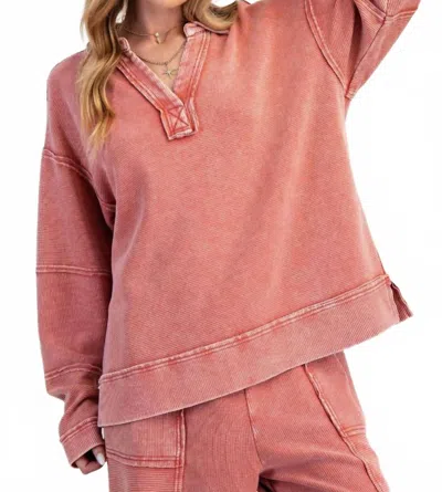 Easel Boho Long Sleeve Top In Red In Pink