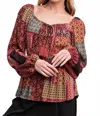 Easel Boho Printed Gauze Woven Top In Brown Combo In Red