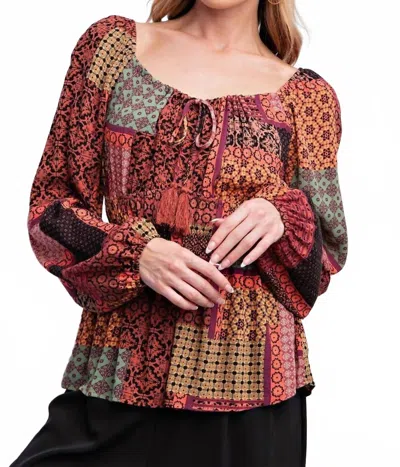 Easel Boho Printed Gauze Woven Top In Brown Combo In Red