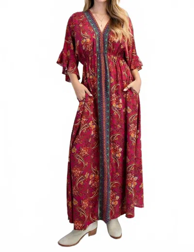 Easel Border Print Challis Maxi Dress In Red