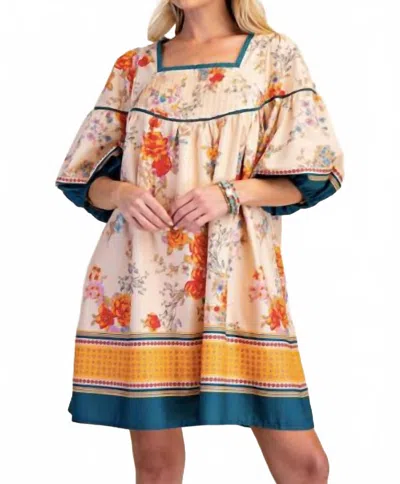 Easel Border Print Cotton Poplin Dress In Floral In Brown