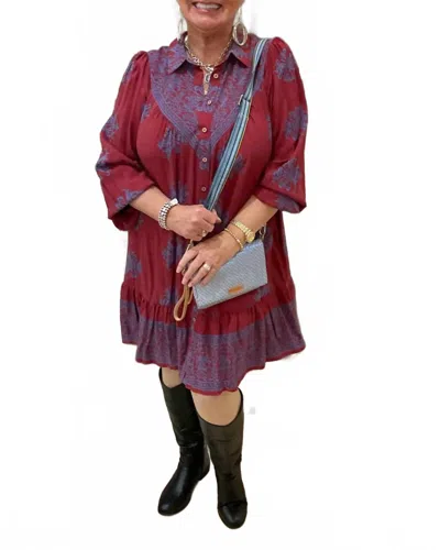 Easel Border Print Dress In Wine In Multi