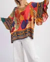 Easel Border Printed Rayon Challis Woven Top In Olive Camel In Multi