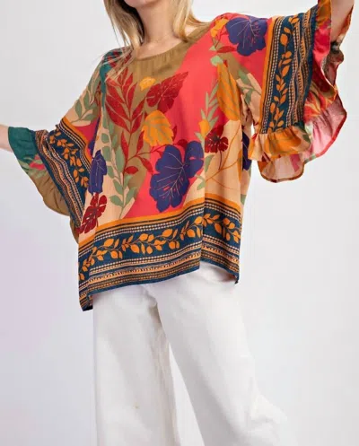 Easel Border Printed Rayon Challis Woven Top In Olive Camel In Multi