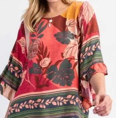 Easel Border Printed Rayon Challis Woven Top In Rose Green In Multi