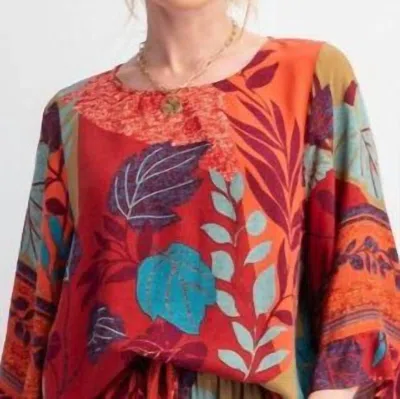 Easel Border Printed Rayon Challis Woven Top In Rust Teal In Multi