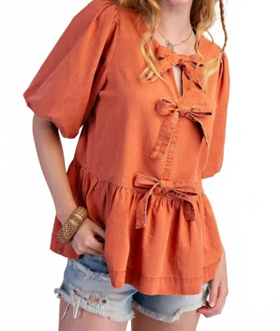 Easel Bow Front Denim Peplum Blouse In Latte In Multi