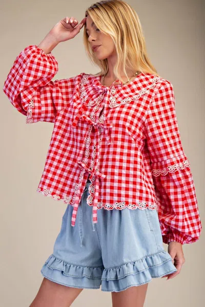 Easel Bow Front Gingham Blouse In Rosalie In Red