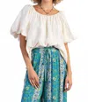Easel Bubble Sleeve Linen Woven Top In Off White In White