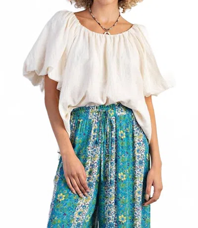 Easel Bubble Sleeve Linen Woven Top In Off White