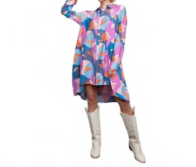Easel Button Down Hi Lo Shirt Dress In Purple/royal Orange In Multi
