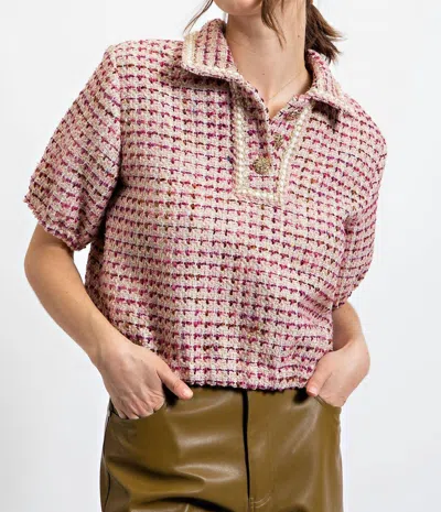 Easel Button Front Tweed Top In Mulberry In Red