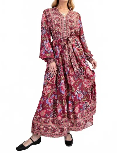 Easel Challis Tie Waisted Maxi Dress In Red