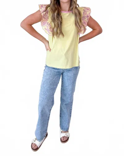 Easel Chartreuse & Orchid Embroider Knit Top In Yellow