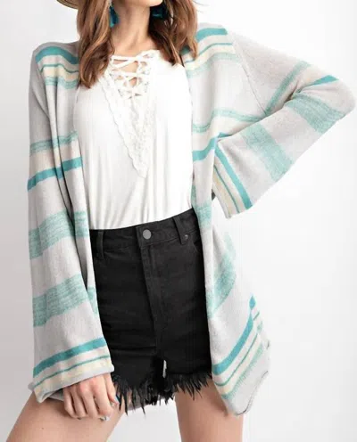 Easel Coastal Striped Knit Cardigan In Gray And Teal In White