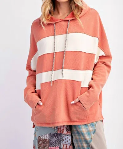 Easel Color Block Washed Hoodie In Coral