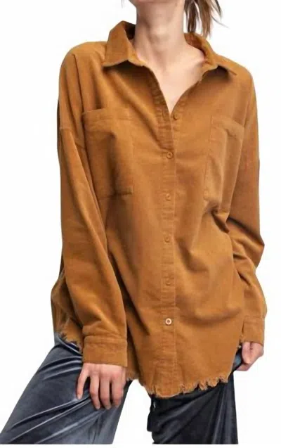 Easel Corduroy Button Down Shirt In Camel In Brown