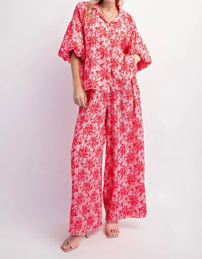Easel Crinkled Wide Leg Pants In Hot Pink & Red In Multi