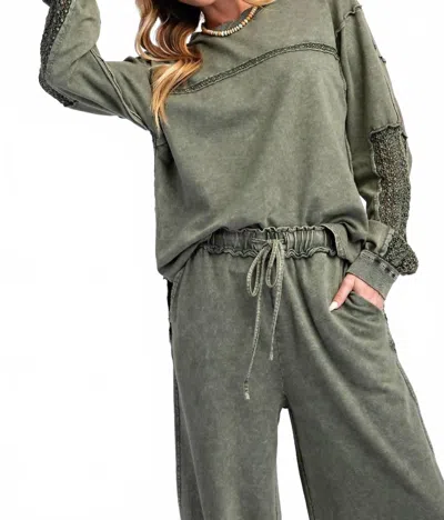 Easel Crochet Tape Detailed Terry Knit Set In Olive