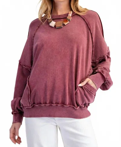 Easel Cut Out Mineral Washed Pullover In Mulberry In Burgundy