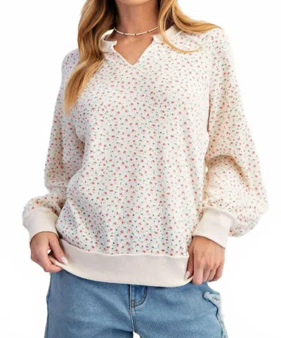 Easel Dainty Ditsy Flower Thermal Pullover Top In Ivory In White