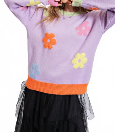 Easel Daisy Patterned Knit Sweater Top In Multicolor In Purple