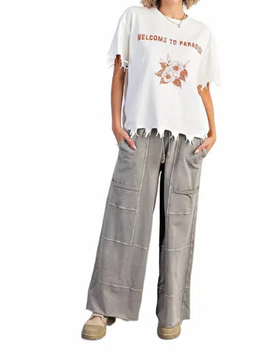 Easel Distressed Hem Terry Knit Top In White