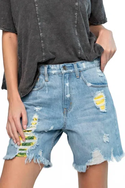 Easel Distressed High-rise Shorts In Washed Denim In Blue