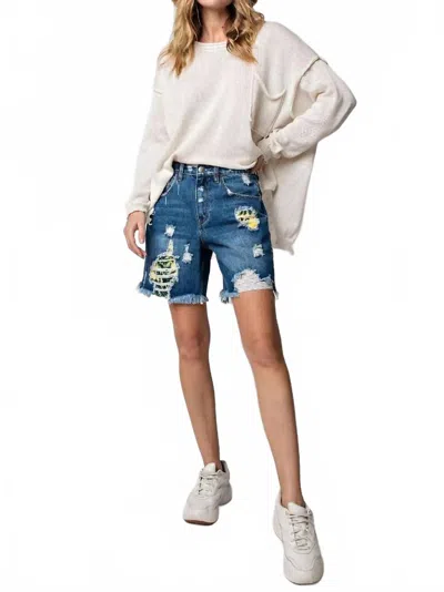 Easel Distressed Washed High-rise Shorts In Dark Denim In Blue