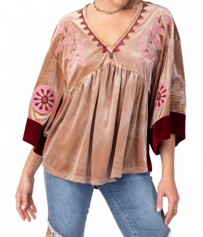 Easel Don't Mind If I Do Embroidered Top In Khaki In Pink