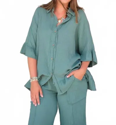 Easel Earthy Charm Ruffle Blouse In Green In Blue