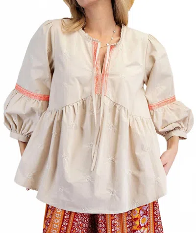 Easel Embroidered Babydoll Tunic Top In Beige In Neutral