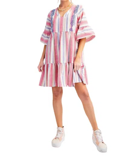 Easel Embroidered Boho Dress In Pink Stripe